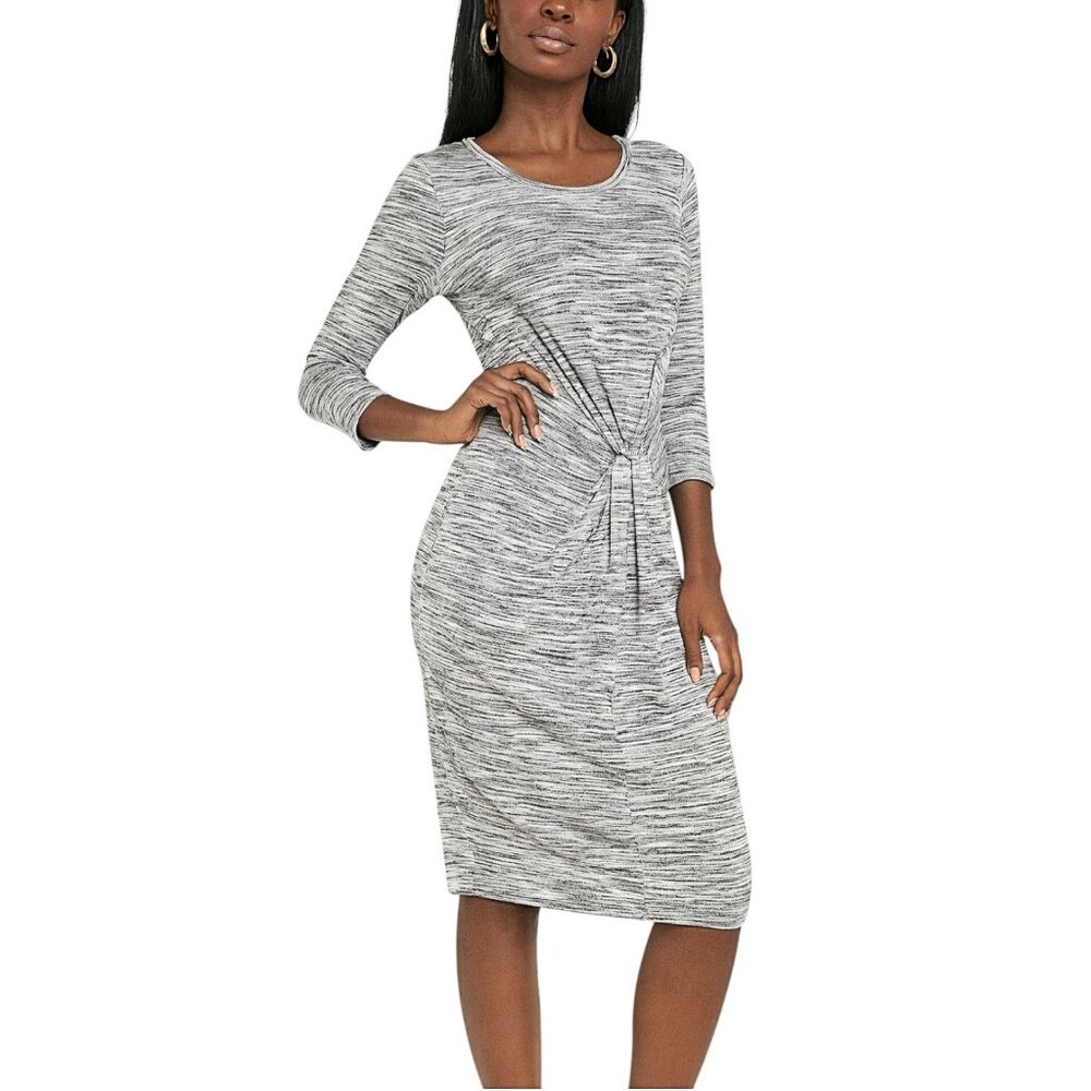 LUSH Women's Gray Marled 3/4 Sleeve Twist Knot Knitted Midi Dress — Size L